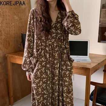 Korejski Moda Chi Zgodaj Jeseni Retro Elegantno Proti Ovratnik cel Zaslon Zlomljen Cvet Svoboden Vrečko Velik Žep, Dolgo sleeved Dolgo Obleko