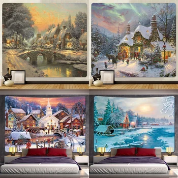 Novo Leto, Božič zasnežene pokrajine oljna slika, tiskanje, vzorec tapiserija doma, dnevna soba, spalnica dekoracijo sten tapiserija