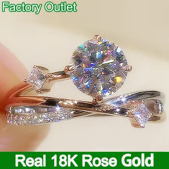 Pravi 18K Rose Gold Ring Ženske Posla Stranke Obletnico Poročni Prstan Krono Navzkrižno Povezavo Krog Moissanite Diamond 1 2 3 Ct